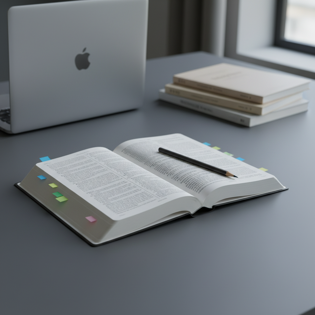 An open study Bible laid flat on a smooth, charcoal-gray desk surface, pages slightly curved, thin paper edges catching the light. Several discreet, color-coded sticky tabs mark key passages, and a single sharpened graphite pencil rests neatly along the inner margin. In the background, a closed silver laptop and a tidy stack of neutral-toned theology journals sit in soft focus. Cool, diffused window light from the right casts clean, understated shadows and emphasizes the fine text. Photographic realism with a clean, structured layout, shot from a slightly elevated angle using the rule of thirds, creating a balanced, corporate aesthetic that feels orderly, thoughtful, and professionally reflective.