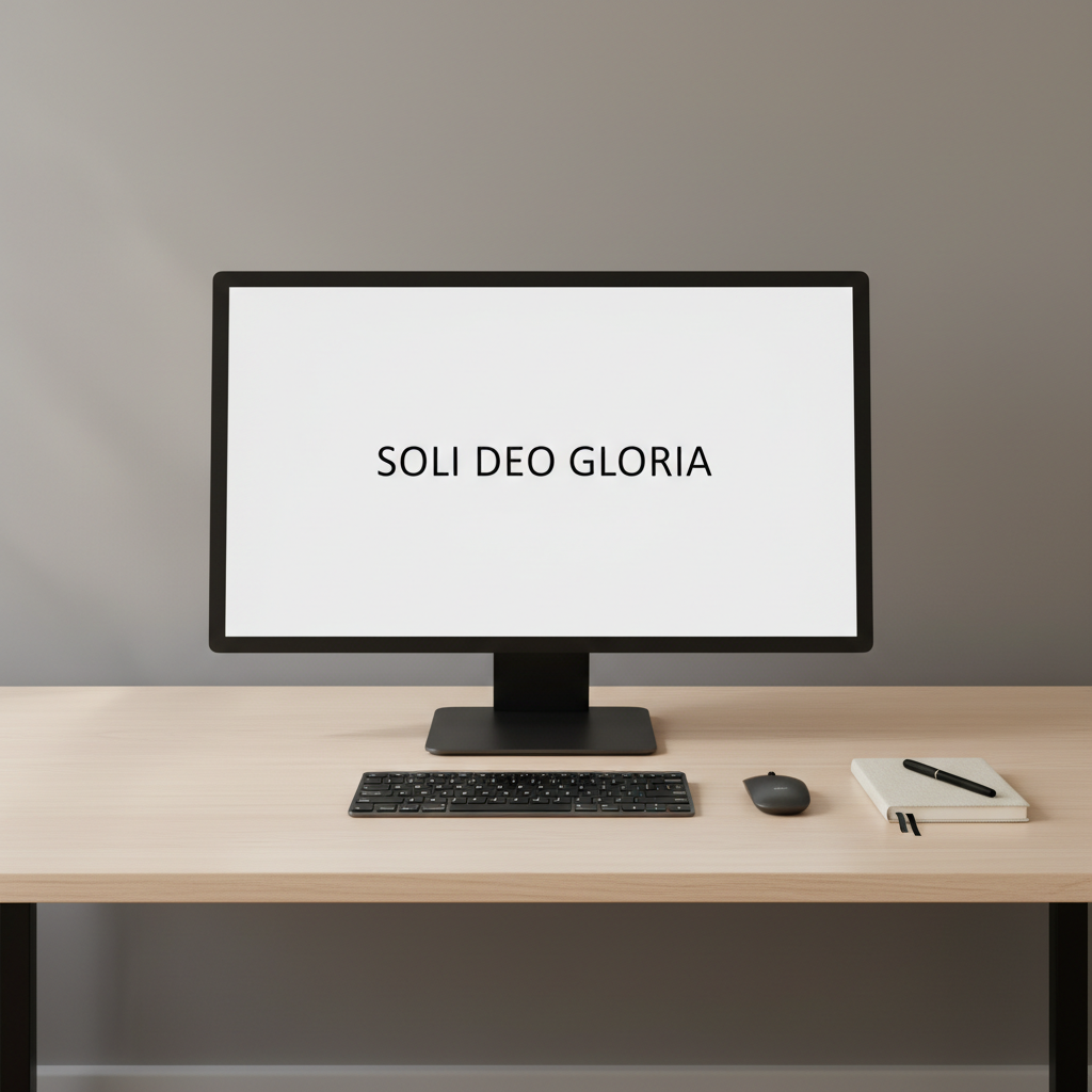 A carefully arranged workspace featuring a large, matte-black monitor displaying a minimal document with a short theological quote in crisp black type on a white background. In front, a slim wireless keyboard and mouse sit aligned on a light ash wood desk. To the side, a small, closed linen-textured notebook and a black metal pen rest parallel to the desk edge. The background wall is a soft warm gray, bare and uncluttered. Gentle overhead office lighting combines with subtle natural window light, producing even illumination with delicate shadows under each object. Photorealistic, clean and modern, captured straight-on at eye level with sharp focus throughout, conveying a professional, orderly environment for serious theological writing and reflection.